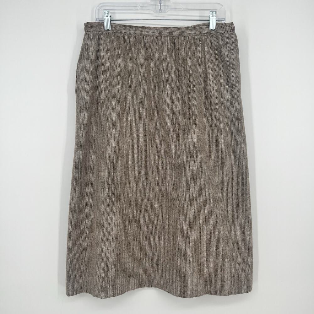 Vtg Country Suburbans Wool Tweed Midi Skirt Sz16 A-Line Brown Herringbone Pocket